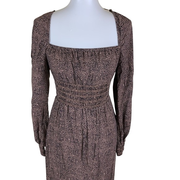 AFRM Brown Ditsy Print Square Neck Long Sleeve Midi Dress Boho Medium - Picture 2 of 5